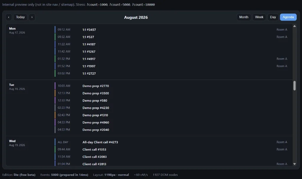 RollDate Events Agenda view displaying events from a large generated dataset