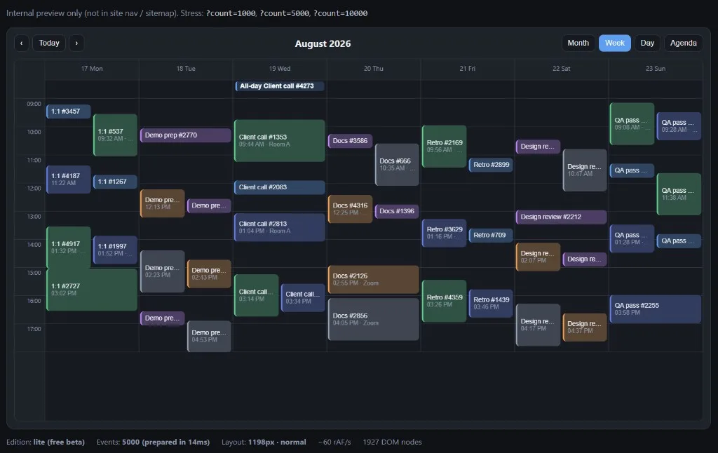 RollDate Events Week view displaying a large generated event dataset