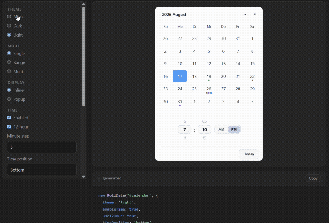 RollDate scroll-first date picker moving continuously through adjacent months
