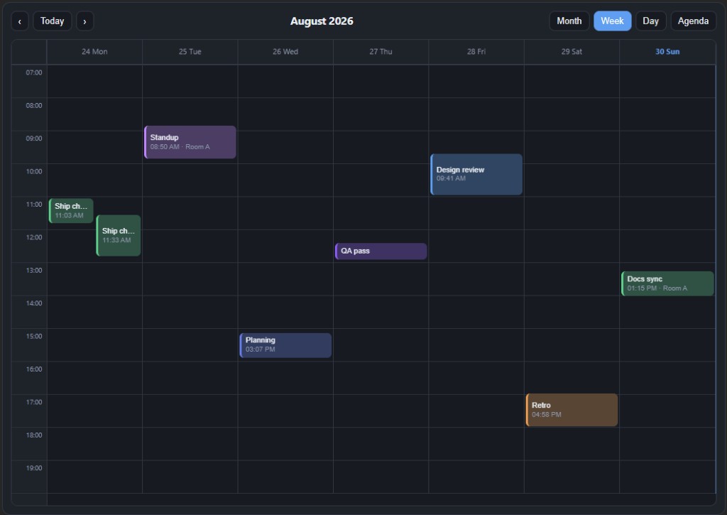 RollDate Events week view with timed events