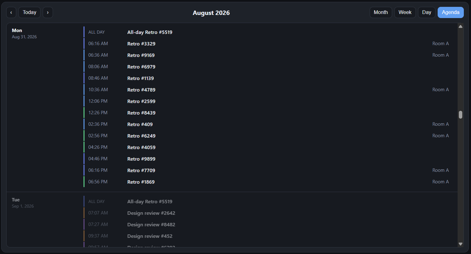 RollDate Events agenda list grouped by date