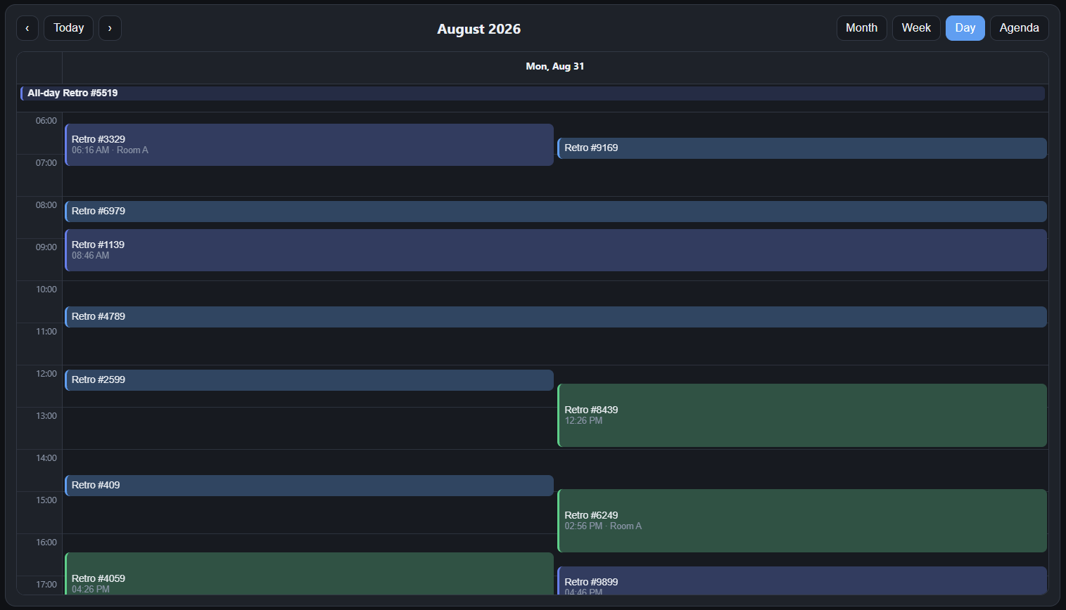RollDate Events day view schedule