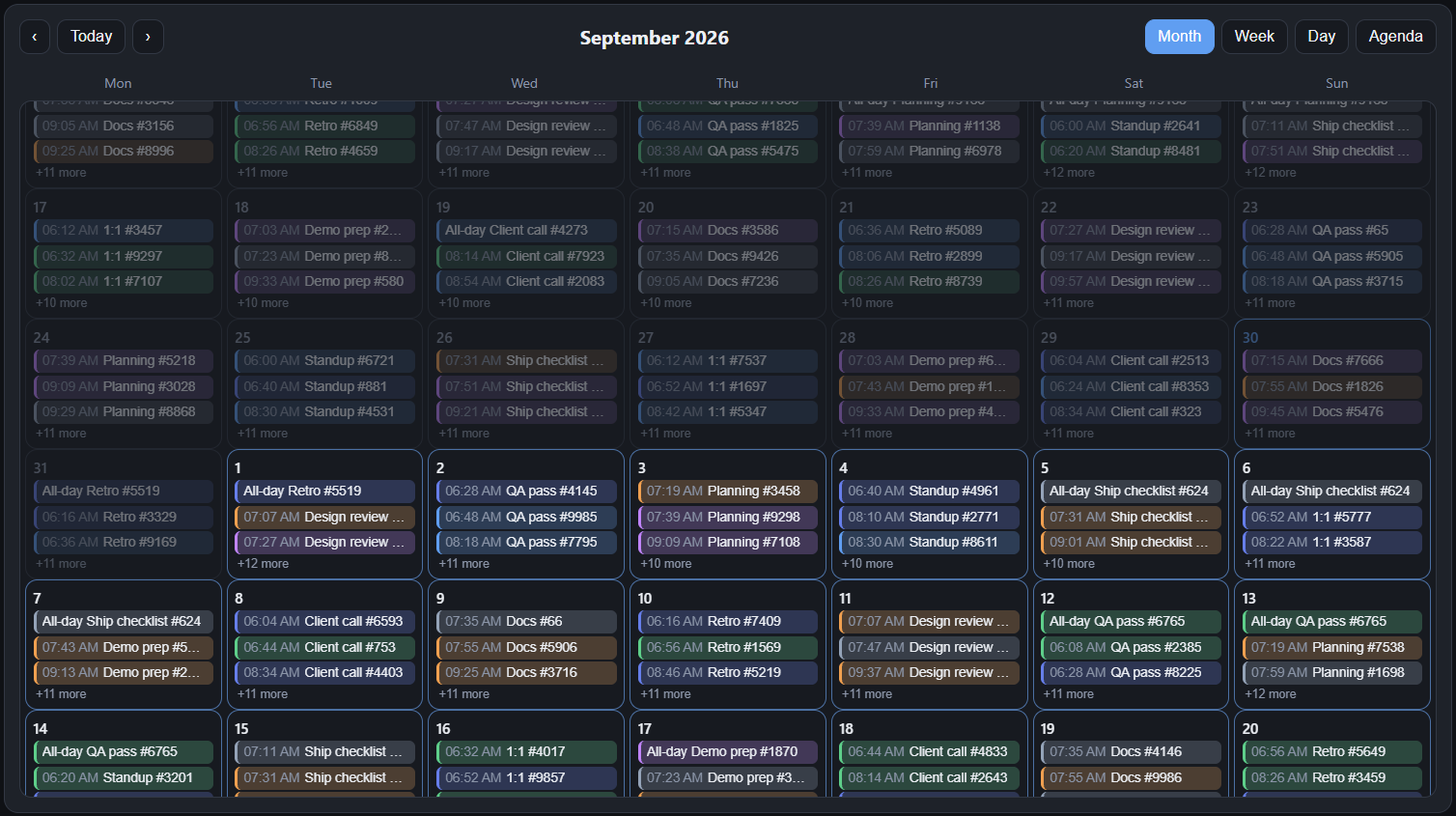 RollDate Events month view with event chips