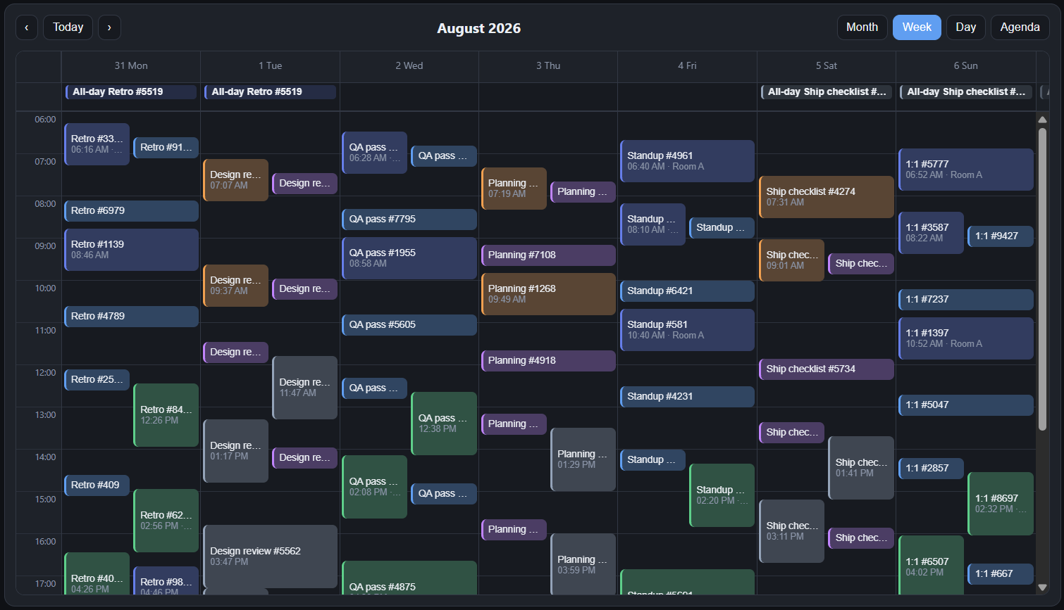RollDate Events week view with timed grid